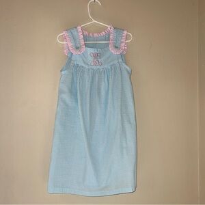E Monogram Southern Sunshine Kids Blue Seersucker Dress with Pink Ruffle Trim
